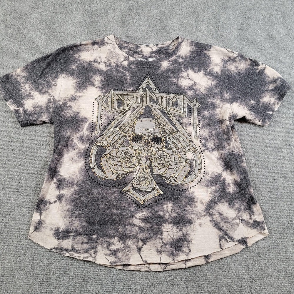 Affliction Shirt Womens M Black Gray Tie Dye Skull Guns Roses Studded Graphic